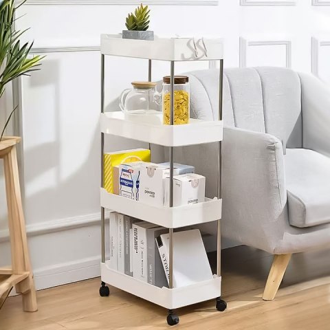 Plastikowy regał łazienkowy z 4 półkami kółka biały ModernHome