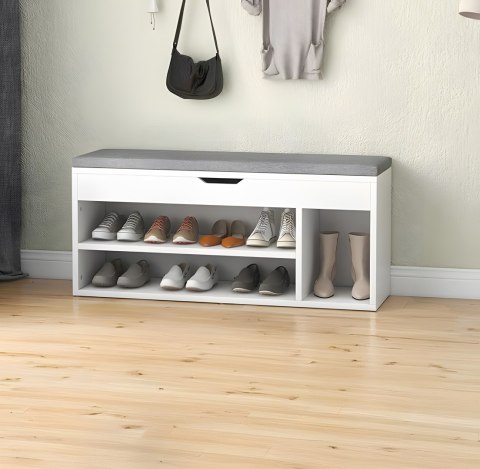Szafka na buty z szarą poduszką i otwieranym siedziskiem 3 półki biała ModernHome