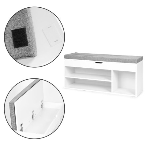 Szafka na buty z szarą poduszką i otwieranym siedziskiem 3 półki biała ModernHome
