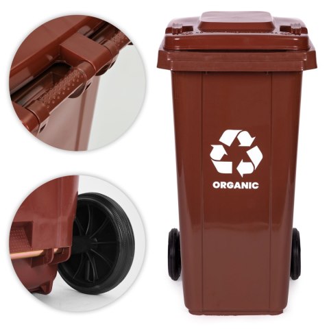 Kosz na śmieci pojemnik 120L kubeł śmietnik brązowy BIO gumowe koła