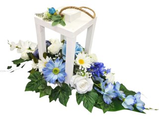 STROIK BIAŁY LAMPION NA GRÓB POMNIK CMENTARZ DEKORACJA NAGROBNA WIENIEC BIAŁO NIEBIESKI