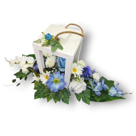 STROIK BIAŁY LAMPION NA GRÓB POMNIK CMENTARZ DEKORACJA NAGROBNA WIENIEC BIAŁO NIEBIESKI