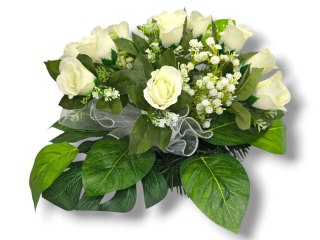 STROIK NA CMENTARZ KWIATY NA GRÓB POMNIK MISA Z OBCIĄŻENIEM BIAŁE RÓŻE