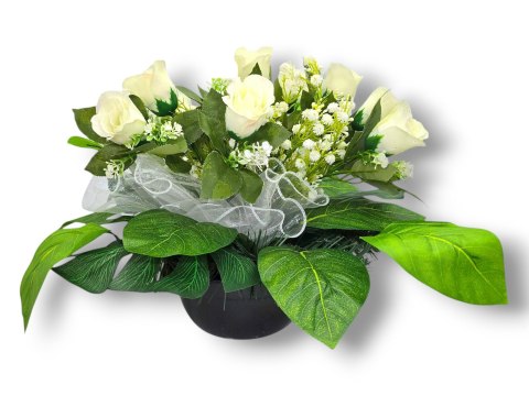 STROIK NA CMENTARZ KWIATY NA GRÓB POMNIK MISA Z OBCIĄŻENIEM BIAŁE RÓŻE