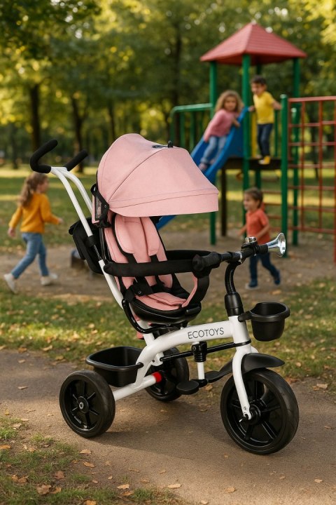 Rowerek trójkołowy spacerówka obracany fotelik 360* Różowy ECOTOYS