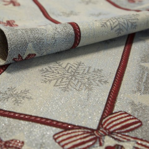 Obrus popielato, srebrny 140x180 cm gobelinowy z mieszanki włókien zdobiony wzorem świątecznym