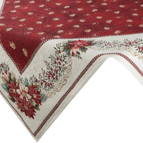 Obrus czerwono, beżowy 140x180 cm gobelinowy zdobiony wzorem świątecznym