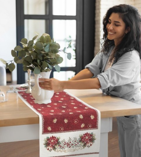 Obrus czerwono, beżowy 140x180 cm gobelinowy zdobiony wzorem świątecznym