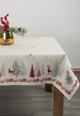 Obrus kremowo, czerwony 140x180 cm gobelinowy z zimowym motywem skandynawskim