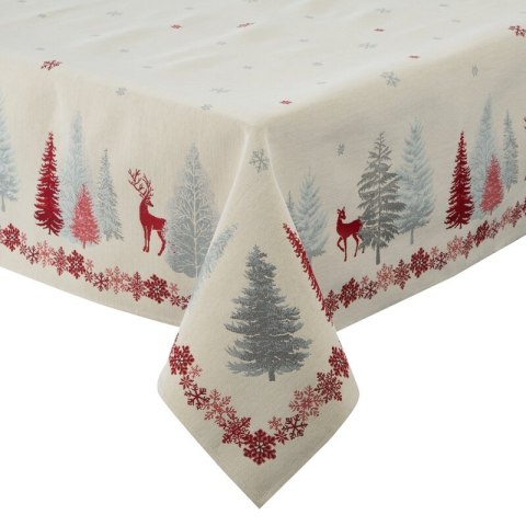 Obrus kremowo, czerwony 140x180 cm gobelinowy z zimowym motywem skandynawskim