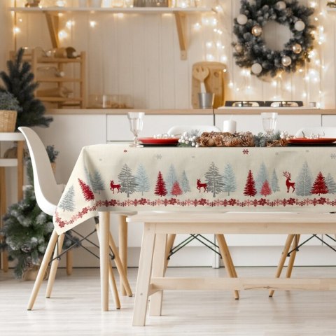 Obrus kremowo, czerwony 140x180 cm gobelinowy z zimowym motywem skandynawskim