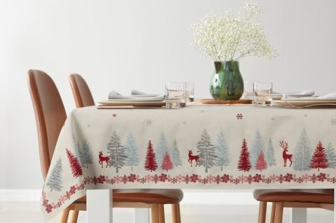 Obrus kremowo, czerwony 140x180 cm gobelinowy z zimowym motywem skandynawskim
