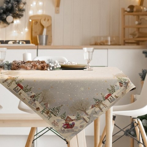 Obrus popielato, złoty 140x180 cm gobelinowy z motywem zimowej wioski