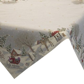 Obrus popielato, złoty 140x180 cm gobelinowy z motywem zimowej wioski