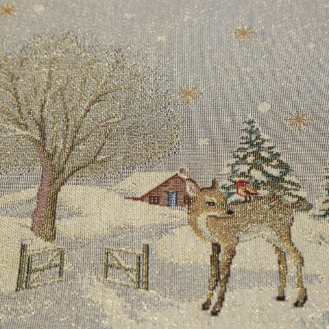 Obrus popielato, złoty 140x180 cm gobelinowy z motywem zimowej wioski