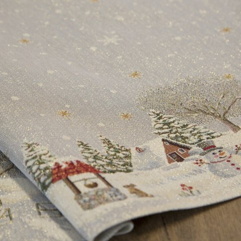 Obrus popielato, złoty 140x180 cm gobelinowy z motywem zimowej wioski