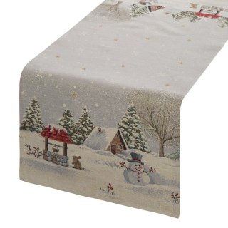 Bieżnik na stół popielato, złocisty 40x100 cm gobelinowy z motywem zimowej wioski