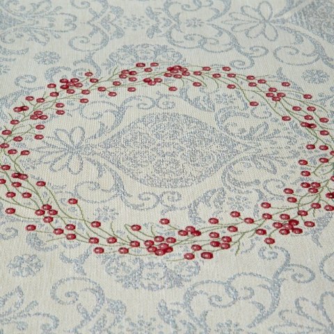 Bieżnik na stół 50x110 cm srebrzysto, czerwony gobelinowy z motywem świątecznym, przetykany srebrną nicią