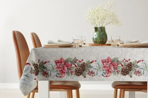 Bieżnik na stół 50x110 cm srebrzysto, czerwony gobelinowy z motywem świątecznym, przetykany srebrną nicią