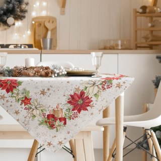 Obrus naturalno, czerwony 100x100 cm świąteczny gobelinowy z mieszanki włókien z motywem gwiazd betlejemskich