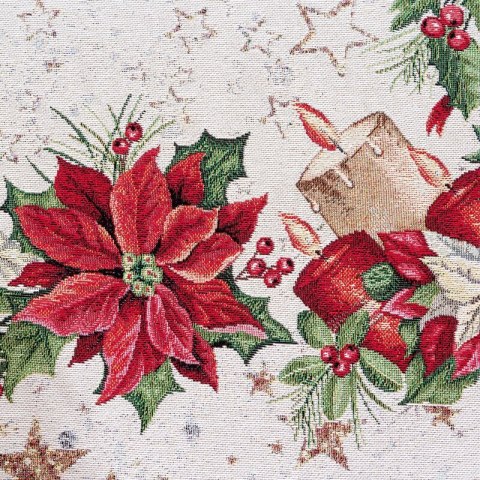 Obrus naturalno, czerwony 100x100 cm świąteczny gobelinowy z mieszanki włókien z motywem gwiazd betlejemskich