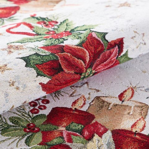 Obrus naturalno, czerwony 140x180 cm świąteczny gobelinowy z mieszanki włókien z motywem gwiazd betlejemskich