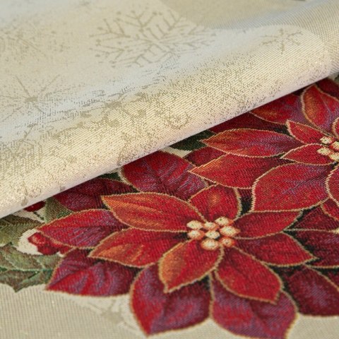 Bieżnik na stół złoto, czerwony 40x100 cm gobelinowy z motywem gwiazdy betlejemskiej, przetykany złotą nicią