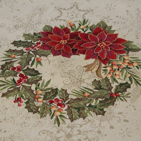 Bieżnik na stół złoto, czerwony 45x140 cm gobelinowy z motywem gwiazdy betlejemskiej, przetykany złotą nicią