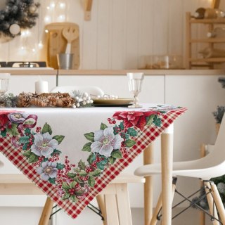 Obrus naturalno, czerwony 140x180 cm świąteczny gobelinowy zdobiony motywem gwiazd betlejemskich