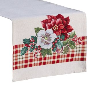 Bieżnik na stół naturalno, czerwony 40x100 cm świąteczny gobelinowy zdobiony motywem gwiazd betlejemskich