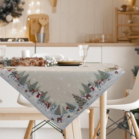Obrus naturalno, srebrny 140x180 cm gobelinowy z motywem zimowej wioski