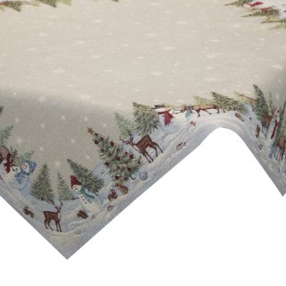 Obrus naturalno, srebrny 140x180 cm gobelinowy z motywem zimowej wioski