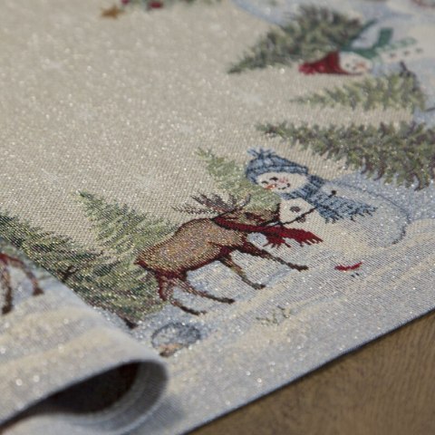 Obrus naturalno, srebrny 140x180 cm gobelinowy z motywem zimowej wioski