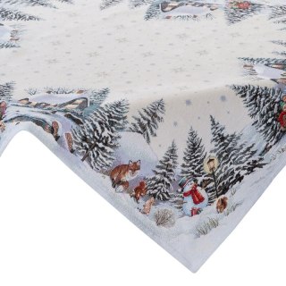 Obrus naturalno, srebrny 140x180 cm gobelinowy z mieszanki włókien z wzorem zimowego miasteczka