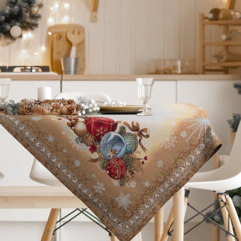 Obrus złoty 140x180 cm gobelinowy z mieszanki włókien zdobiony świątecznym wzorem