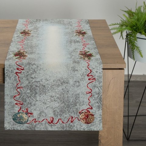 Bieżnik na stół popielato, czerwony 40x100 cm gobelinowy z motywem świątecznym