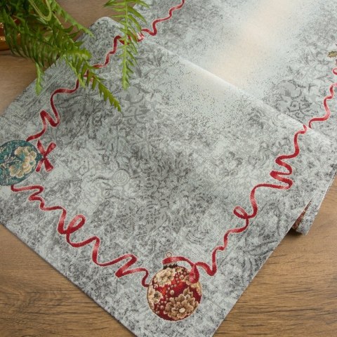Bieżnik na stół popielato, czerwony 40x100 cm gobelinowy z motywem świątecznym