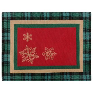 Podkładka na stół czerwono, zielona 35x45 cm gobelinowa CHERRY z motywem złotych śnieżynek i ozdobną kantą w kratę