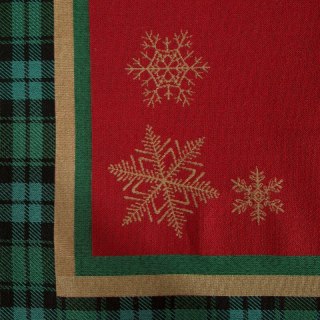 Podkładka na stół czerwono, zielona 35x45 cm gobelinowa CHERRY z motywem złotych śnieżynek i ozdobną kantą w kratę