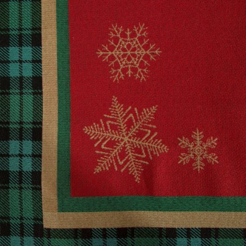 Podkładka na stół czerwono, zielona 35x45 cm gobelinowa CHERRY z motywem złotych śnieżynek i ozdobną kantą w kratę