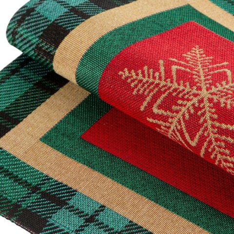 Podkładka na stół czerwono, zielona 35x45 cm gobelinowa CHERRY z motywem złotych śnieżynek i ozdobną kantą w kratę