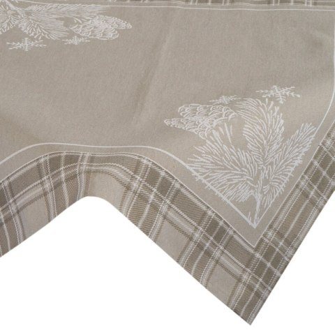 Obrus ciemnobeżowy 140x200 cm gobelinowy HOLLY z motywem świątecznym i ozdobną kantą w kratę