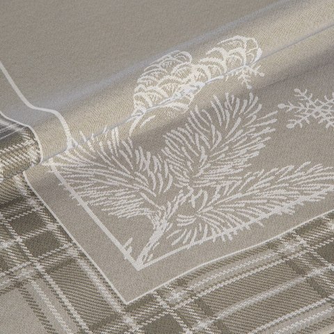 Obrus ciemnobeżowy 140x200 cm gobelinowy HOLLY z motywem świątecznym i ozdobną kantą w kratę