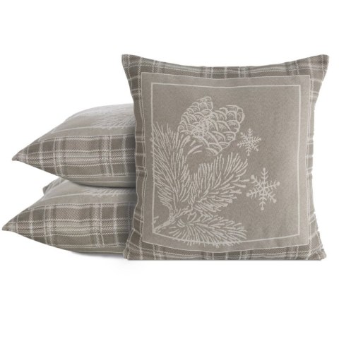 Poszewka na poduszkę 45x45 cm bawełniana, gobelinowa ciemnobeżowa z motywem kraty i i zimowej gałązki HOLLY