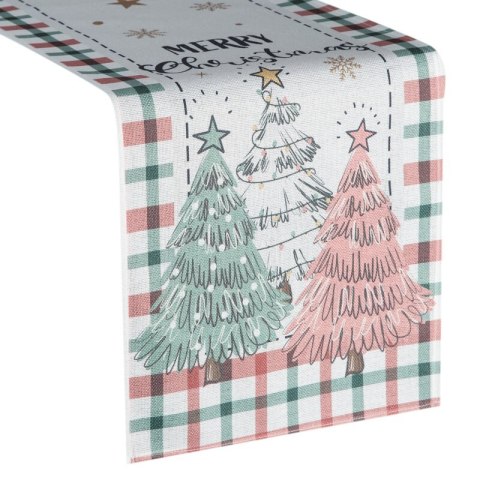 Bieżnik świąteczny na stół 33x183 cm kremowo, zielony zdobiony uroczym nadrukiem