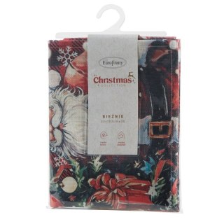 Bieżnik świąteczny na stół 33x183 cm czerwono, zielony zdobiony uroczym nadrukiem Mikołaja