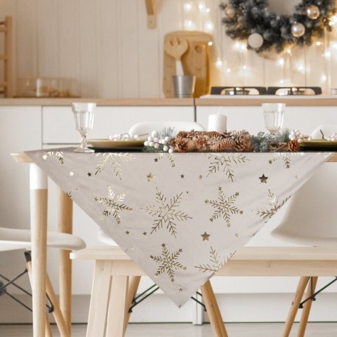 Obrus świąteczny 85x85 cm beżowo, szampański welwetowy zdobiony śnieżynkami