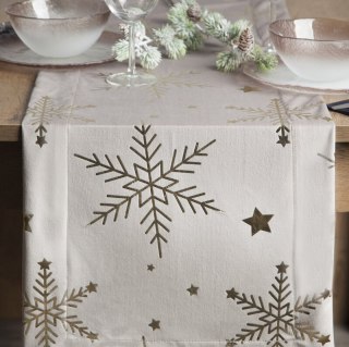 Bieżnik świąteczny na stół 40x140 cm beżowo, szampański welwetowy zdobiony śnieżynkami