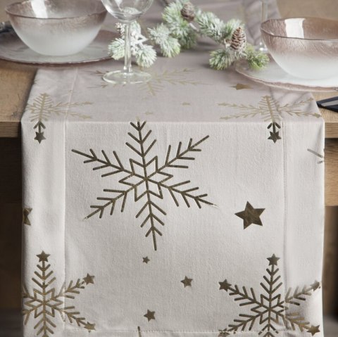 Bieżnik świąteczny na stół 40x140 cm beżowo, szampański welwetowy zdobiony śnieżynkami