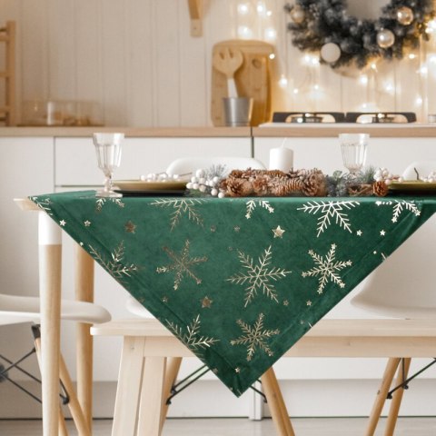 Obrus świąteczny 85x85 cm ciemnozielono, szampański welwetowy zdobiony śnieżynkami